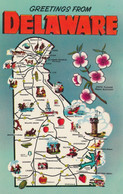 Delaware Map, State Flower, Lighthouse, Roads And Cities, C1950s/60s Vintage Postcard - Otros & Sin Clasificación