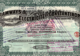Action De Dividende Au Porteur - Tramways & Electricité De Constantinople S.A. - Ixelles 1914. - Elektriciteit En Gas