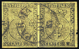 1852 PARMA 5 CENT. GIALLO N.1a COPPIA USATA OTTIMI MARGINI - USED FINE - Parma