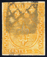 1853-55 PARMA 5 CENT. GIALLO ARANCIO N.6 USATO 2 FIRME  SPLENDIDO - USED LUXUS SIGNED - Parma