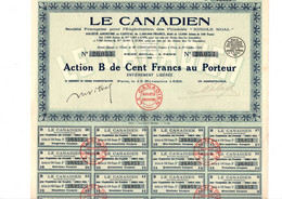 Action B DE 100 Frcs Au Porteur - Le Canadien - Société Française - Exploitation De Procédés Kindle Koal - Paris 1926. - Industrial