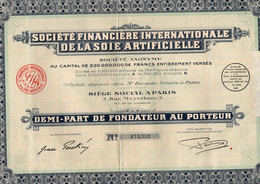 Demi-Part De Fondateur Au Porteur - Société Internationale De La Soie Artificielle S.A. - PARIS 1930. - Textil