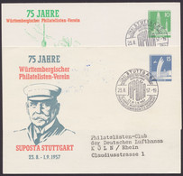 Mi-Nr. PP18 D2/01b, 19D2/08, "75 Jahre Verein Stuttgart", 1957, 2 Versch. Karten, Pass. Sst - Cartoline Private - Usati