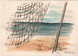 ! " Fischernetz + Strand ", 1936, Handgemalte Künstlerkarte Sign. Fritz Staab (1918-1942) , Handgezeichnetes Unikat - Otros & Sin Clasificación