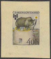 CZECHOSLOVAKIA (1975) Rhinoceros Atop House. Various Other Animals. Die Proof In Color. Essay Of Unissued Stamp. - Proeven & Herdrukken