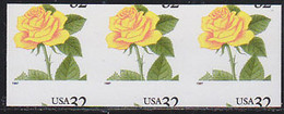 U.S.A. (1996) Yellow Rose. Strip Pf 3 Horizontally Miscut In And Missing Die Cuts. Scott No 3054, Yvert No 2568. Rare! - Variedades, Errores & Curiosidades