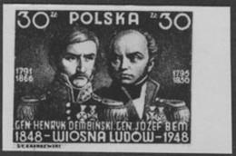 POLAND (1948) Generals Dembinski & Bem. Black Print. Scott No 430, Yvert No 510. 1848 Revolution. - Essais & Réimpressions