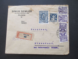 CSSR Um 1920 Nr. 161 MiF Freimarken Republik Einschreiben Plzen Pilsen Simon Semmler Holzgrosshandlung Nach Eisendorf - Covers & Documents