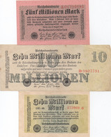 Lot De 3 Billets De Reichsbanknote : 5 Millions (Août 1923) + 10 Millions (Juil 1923) + 10 Millions (Août 1923) - 5 Millionen Mark
