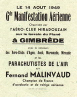 32)  MANIFESTATION AERIENNE  -AERO CLUB DE MIRADOUX GIMBREDE  14 AOUT 1949  PAPIER RARE - Programme