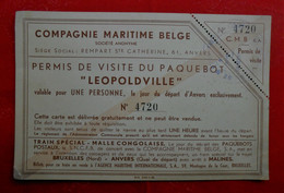 Compagnie Maritime Belge / Permis De Visite Du Paquebot "LEOPOLVILLE" - Tickets - Entradas