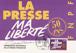 2917 CM/FDC LA PRESSE MA LIBERTE - Oblit. GF ILLUSTREE PARIS 9.12.94 S/ Carte Signée CARON - 1990-99