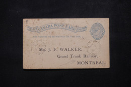 CANADA - Entier Postal Avec Repiquage Au Verso  De Grand Trunk Railway De Hemmingford Pour Montréal En 1892 - L 81038 - 1860-1899 Regno Di Victoria