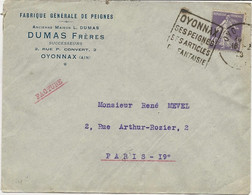LETTRE OBLITERATION DAGUIN "OYONNAX SES PEIGNES SES ARTICLES DE FANTAISIE - 1928 - Mechanical Postmarks (Other)