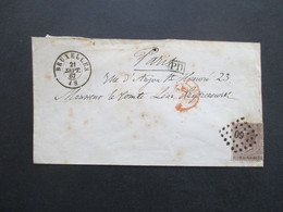 Belgien 1867 König Leopold I. Nr. 16 EF Nummernstempel 60 Und K2 Bruxelles Nach Paris PD Ank. Stp. France Midi I - 1865-1866 Profiel Links