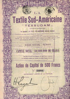 Action De Capital De 500 Frcs - La Textile Sud-Américaine - La Textil Sud-Americana - Texsudam - Renaix 1928. - Textiles