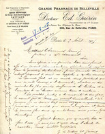 PARIS.LIQUEUR ANTIPHTISIQUE & ANTI-GASTRALGIQUE.GRANDE PHARMACIE DE BELLEVILLE.DOCTEUR ED.GUERIN 100 RUE BELLEVILLE. - Perfumería & Droguería