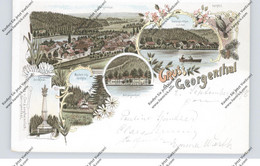 0-5805 GEORGENTHAL, Lithographie 1898, Schützenhof, Rodebachmühle, Candelaber-Denkmal, See, Dorfansicht - Georgenthal