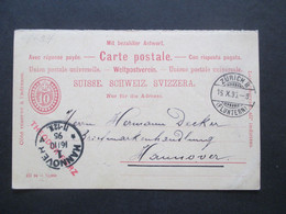 Schweiz 1895 Ganzsache Mit Bezahlter Antwort / Fragekarte Zürich 8 Nach Hannover Mit Ank. Stempel K1 Hannover 1. * V - Enteros Postales