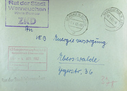 Fern-Brf Mit ZKD-Kastenst. "Rat Der Stadt Werneuchen Kreis Bernau" 2.4.62 Mit Rot. EingSt. VEB Energieversg. Eberswalde - Covers & Documents