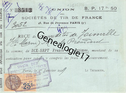 75 22452 PARIS SEINE 1929 SOCIETES DE TIR DE FRANCE ( Arme Armes ) Rue De Provence SOCIETE DE JOINVILLE HAUTE MARNE - Boogschieten