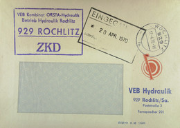 Fern-Brief Mit ZKD-Kastenstempel "VEB Kombinat OSTRA-Hydraulik Betrieb Hydraulik 929 ROCHLITZ" Vom 17.4.70 Nach Dresden - Storia Postale