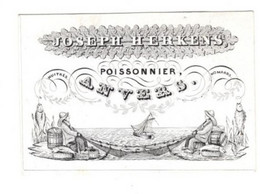 VISVERKOPER 1845 Litho Handpers Visitekaart  Joseph Herkens Poissonnier  Huitres Homards Anvers  10x 7 Cm - Porcelaine