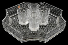 Nyolcszögletű Kristály Tálca, 4 Db Kristály Pohárral, Rajtuk Kis Csorbákka, Tálca: 26x26 Cm, Pohár: 7 Cm - Glass & Crystal