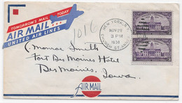 UNITED AIR LINES - 1938 US New-York Air Mail Cover To DES MOINES IOWA + Tomorrow's Mail Today LABEL - Avions