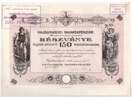 Hajdúszoboszló 1926. "Hajdúmegyei Takarékpénztár" Tíz Részvénye Egyben, összesen 150P-ről, Szelvényekkel, Felülbélyegzés - Sin Clasificación