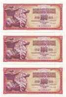 Jugoszlávia 1986. 100D (3x) Sorszámkövetők T:III Szép Papír Yugoslavia 1986. 100 Dinara (3x) Sequential Serials C:F Fine - Non Classificati