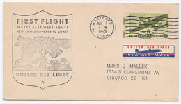 UNITED AIR LINES - 1945 US First Flight DIRECT EAST WEST Route New England Pacific Coast + Via Air Mail LABEL - Vliegtuigen