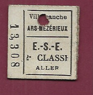 111220A - TICKET CHEMIN DE FER TRAM - VILLEFRANCHE ARS MEZERIEUX ESE 2e Classe Aller 13308 - Europa