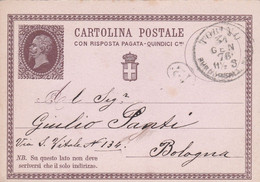 ITALIA - REGNO  - TORINO -  INTERO POSTALE - RE VITTORIO EMANUELE II CON RISP. PAGATA   C.15  VIAGGIATO PER BOLOGNA - Ganzsachen