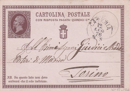 ITALIA - REGNO  - CATANIA -  INTERO POSTALE - RE VITTORIO EMANUELE II CON RISP. PAGATA   C.15  VIAGGIATO PER TORINO - Ganzsachen