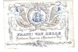 1 Carte Visite  François Van Belle Distillateur & Marchand De Vin Marché Au Grain Gand Anges 14,5 X 10 Cm - Porcelaine