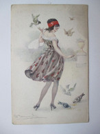 BOMPARD   -   JEUNE  FEMME   ET   PIGEONS      .......          TTB - Bompard, S.