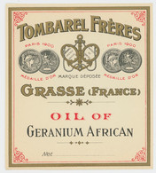 Etiquette - Oil Of Geranium African - Tombarel Frères - Grasse - Etichette