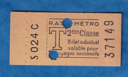 Ticket Ancien De Métro RATP  - S 024 C - 2ème Classe - T - Valable Pour 2 Voyages Succéssifs - 37149 - Paris - Unclassified