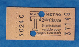 Ticket Ancien De Métro RATP  - S 024 C - 2ème Classe - T - Valable Pour 2 Voyages Succéssifs - 37149 - Paris - Zonder Classificatie