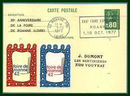 Entier Cp Repiqué ROANNE 1977 FDC Flamme + Vignette Foire Exposition TB - Esposizioni Filateliche