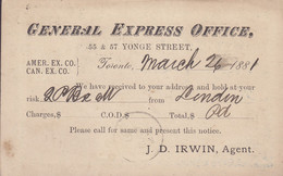 Canada Postal Stationery Ganzsache Victoria PRIVATE Print GENERAL EXPRESS OFFICE, TORONTO 1881 (2 Scans) - 1860-1899 Regno Di Victoria