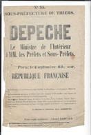 4 Septembre 1870 - Dépêche  Ministre De L'intérieur Léon Gambetta . Proclamation République  . Sous-Préfecture Thiers - Documents Historiques