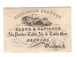 1 Carte Visite  Brunswick Brewery Baker & Davisson Ale Porter Table Ale & Table Beer  Brewers Woolwich   9x6 Cm - Porcelaine