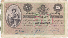 BILLETE DEL BANCO ESPAÑOL EN CUBA DE 50 PESOS FUERTES DEL AÑO 1896 (rotura Parte Superior)(BANKNOTE) - Cuba