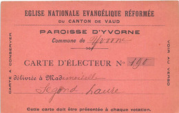 SUISSE  -  YVORNE  -  Carte D'Electeur De L'Eglise Evangélique Réformée   -  Voir Description - Yvorne