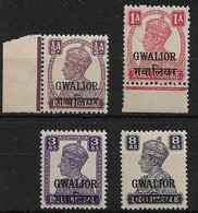 INDIA - GWALIOR 1942 - 1945 ½a, 1a, 3a, 8a SG 119, 121, 124a, 127 UNMOUNTED MINT Cat £10.50 - Gwalior