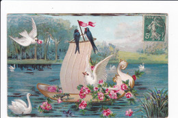 Bateau Voile Hirondelles Colombes Cygne Et Fleurs Sur étang - Autres & Non Classés