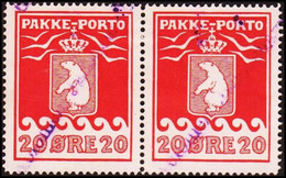 1916. PAKKE PORTO. 20 øre Red. Thiele. Perf 11 ½. Pair Cancelled Kolonien Jacobshavn. (Michel 9A) - JF411032 - Spoorwegzegels