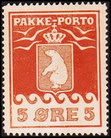 1916. PAKKE PORTO. 5 øre Brown. Thiele. Perf 11 ½. Thick Paper. Variety Snow Ball Abo... (Michel 6A) - JF411042 - Spoorwegzegels